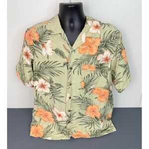 Trader Bay Men's Floral Silk Hawaiian Short Sleeve Button Front Shirt Green M